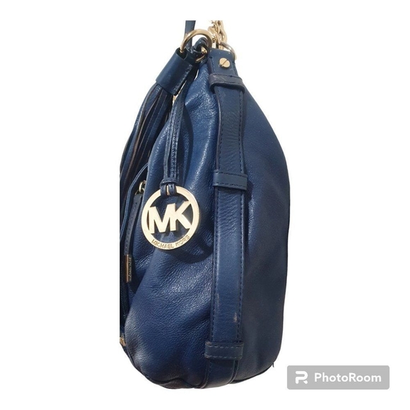 MICHAEL KORS BLUE LEATHER GOLD CHAIN DEVON LARGE SHOULDER TOTE BAG PURSE - Picture 9 of 16